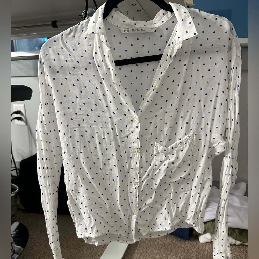 White and blue polka dot Zara blouse